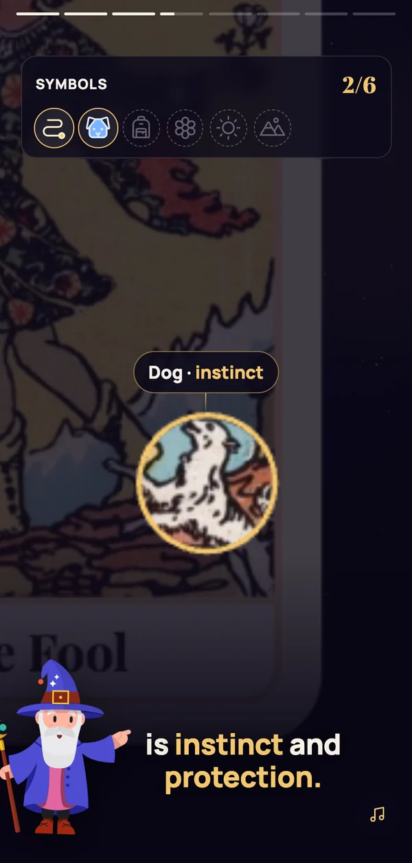A tarot clip: Astrix zooms into the Fool card, the dog stands for instinct