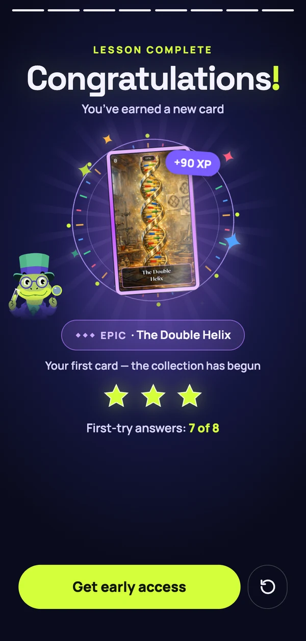 Lesson complete: the Double Helix card, epic, plus 90 XP